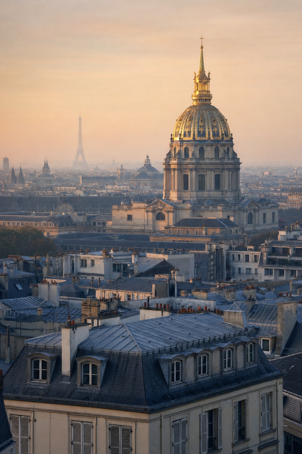 Toits de Paris avec le dôme des Invalides à l'aube